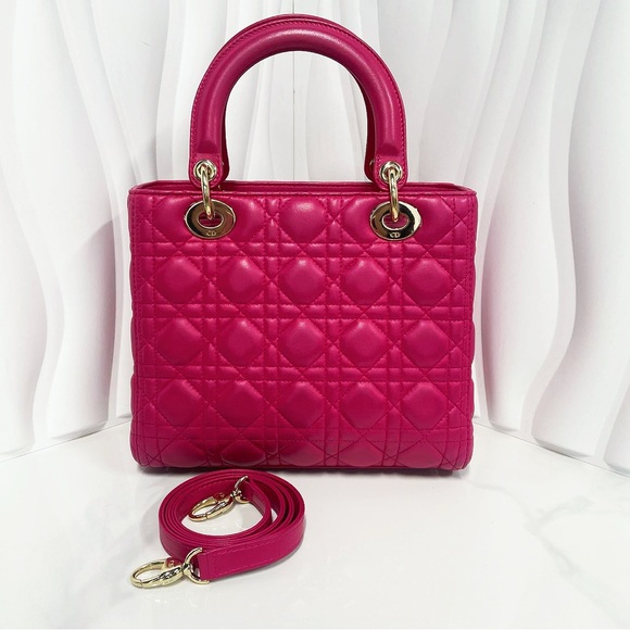 Dior Fuchsia Cannage Quilted Leather Medium Lady Dior Handbag - Picture 2 of 12